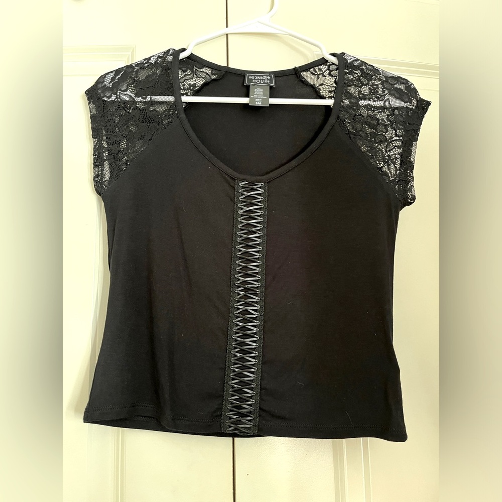 black short sleeve top with lace sleeves and corset design, size S